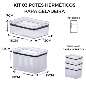 Kit 03 Potes Hermeticos Geladeira - Porta-Frios e Fresh