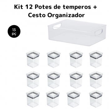 Kit 12 Potes para Temperos 180ml com Cesto Organizador